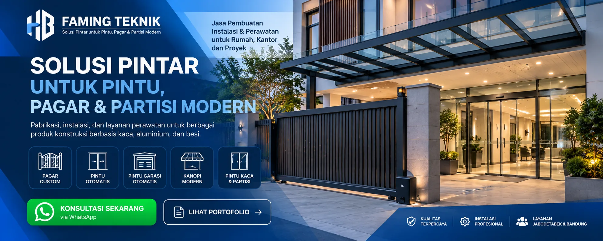 Bangunan modern dengan pagar otomatis dan pintu kaca - Faming Teknik