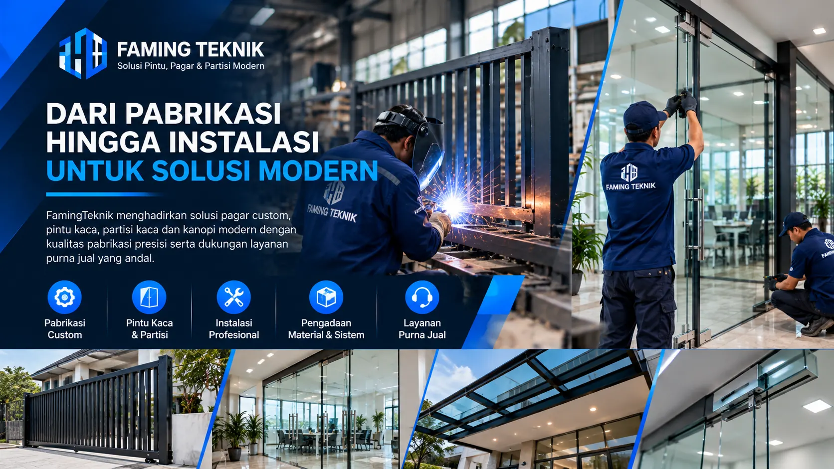 Pabrikasi pagar custom, pemasangan pintu kaca dan partisi kaca Faming Teknik
