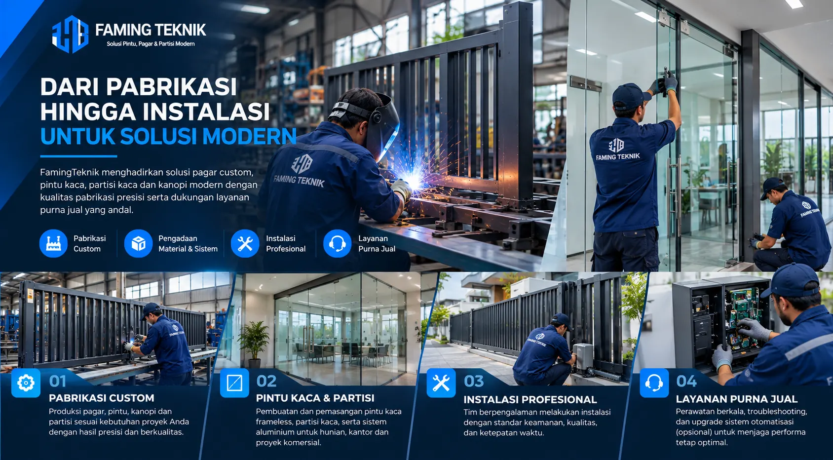 Pabrikasi pagar custom dan pemasangan pintu kaca serta partisi kaca oleh Faming Teknik