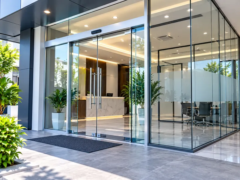 Pintu kaca frameless dan partisi kaca aluminium untuk kantor modern - Faming Teknik